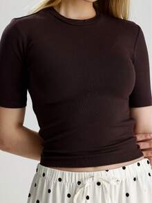 Casual Solid Color Short Sleeve Top, Versatile For Summer - Brown - View 4