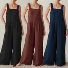 Nuevo Mono de Pierna Ancha para Mujer 2023, Ropa de Trabajo con Bolsillos Laterales con Botones, Estilo Urbano, Cintura Media... - Azul - Ver 4