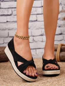 Damen Plateau-Sandalen mit dicker Sohle, Hausschuhe, Urlaubs-Essential, Damen-Sandalen, Damenschuhe, Sandalen mit dicker Sohle, Strohseil, Urlaub, Party - Schwarz - Übersicht 4