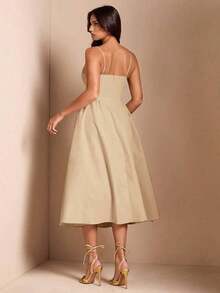 Elegante vestido largo sin mangas con manga abultada para mujer, adecuado para citas diarias, salidas, discotecas, fiestas, temporada de otoño - Caqui - Ver 2