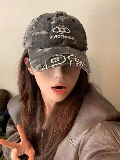 Soft Crown American Vintage Washed Camouflage Baseball Cap For Women, Spring Summer Letter Embroidered Face-Slimming Peaked Hat, Street Style Heavy-Duty Distressed Ripped Denim Baseball Cap