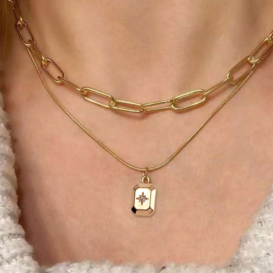 2pcs/Set Fashionable Minimalist Square Cubic Zirconia Multi-Layer Necklace Set - Yellow Gold - View 1