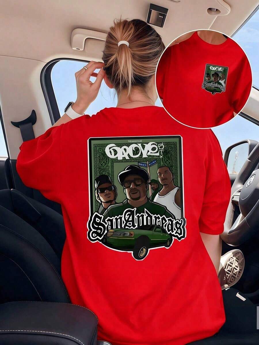 It Depicts An Urban Group In Street Attire In Front Of A Green Vehicle That Symbolizes Power And Movement Within An Atmosphere Of Independent Culture Full Of Motivating Energy And Rebellious Spirit. Ladies' Double-Sided T-Shirt, 100% Cotton, Maija, Elegant Short Sleeve For Women. - 紅色 - 查看 1
