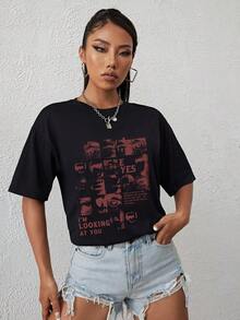 Off-The-Shoulder Printed T-Shirt With Slogan "I'M WATCHING YOU EARLY IN THE DAY IT WAS WHISPERED THAT WE SHOULD SAIL IN A BOAT JUST YOU AND 1 AND NEVER A SOUL IN THE WORLD" Graphic Tees For Women Women's Blouses Y2K Style Activewear, Crew Neck, 100% Cotton, Soft Fabric, Short Sleeve. - 黑色 - 查看 5
