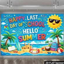 2D Flat School Term End Summer Theme Banner Background, "Happy End Of School, Hello Summer" Colorful Text - 4 - View 3