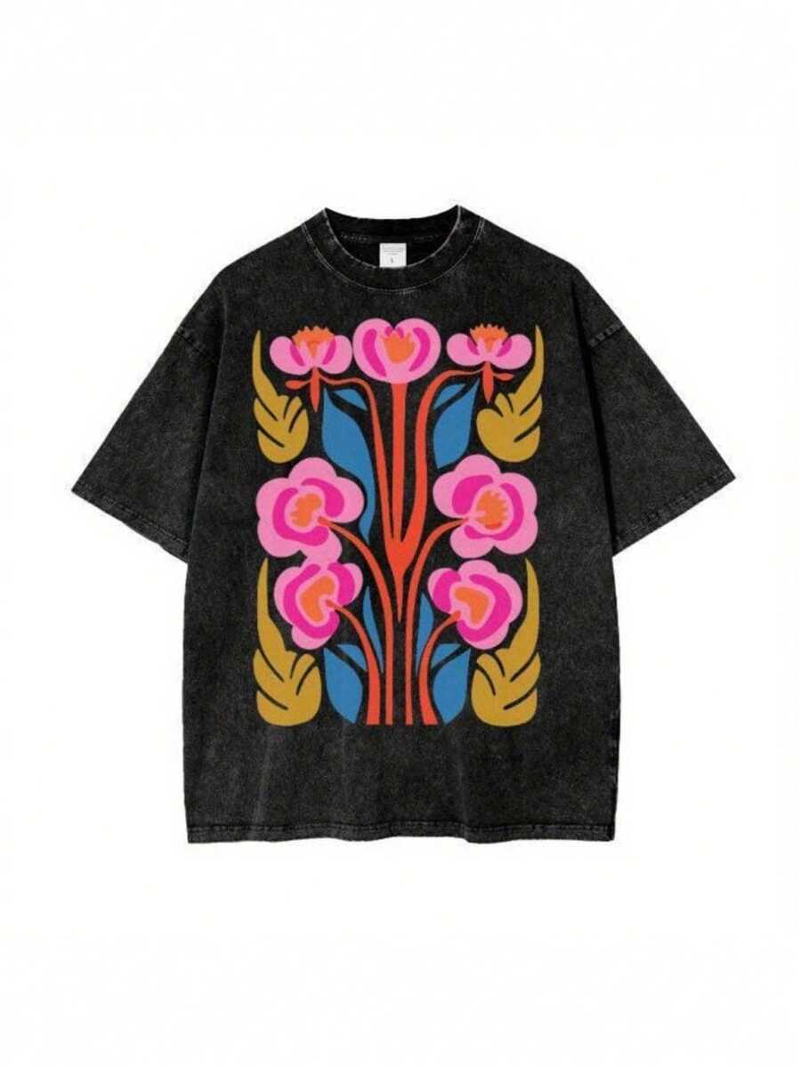 Camiseta gráfica artística de estilo oversize, camisetas con estampado floral oversize.Camiseta de moda para hombre y mujer, regalo perfecto para Pascua, Día de la Madre, Día del Padre, cumpleaños, Navidad para mamá, papá, novio, novia, 100% algodón, tallas S-XXXL. - Negro - Ver 1