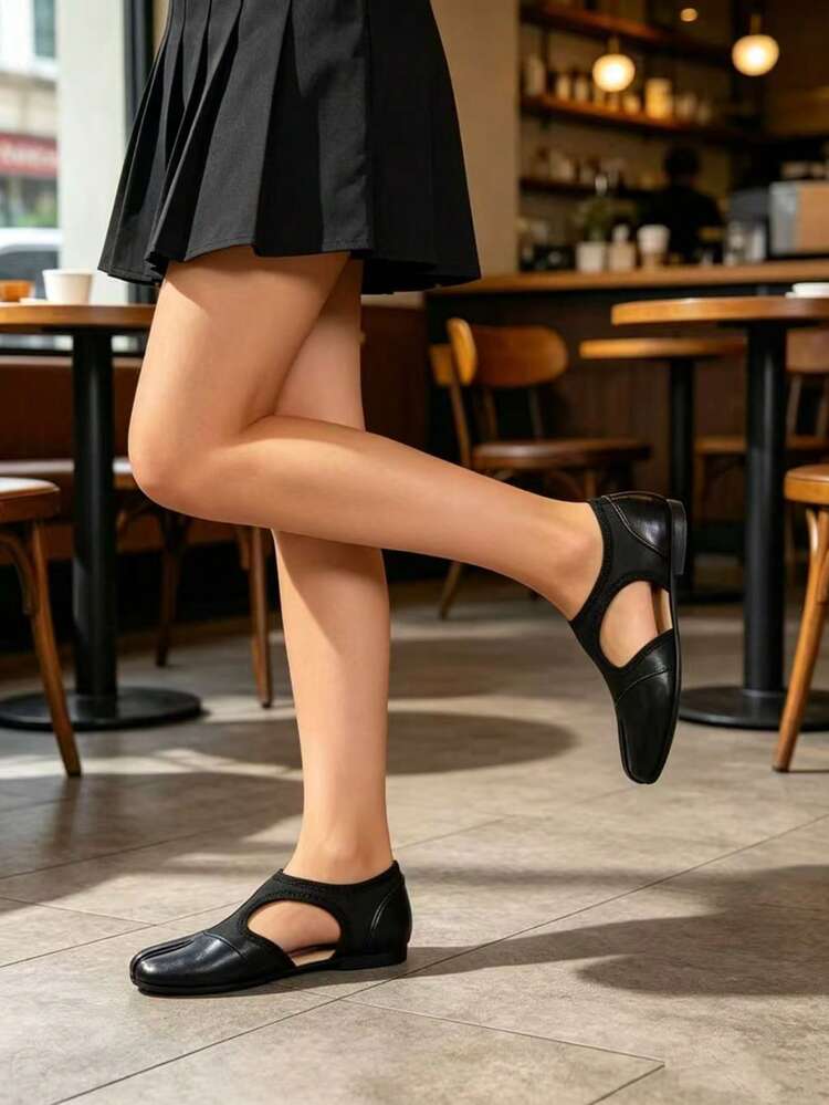 Dép xăng đan đế bằng màu đen khoét rỗng kiểu cổ điển, dép da mềm mại, giày lười mũi tròn xẻ ngón, dép đế bằng kiểu móng heo giản dị - Thích hợp cho công sở, hoạt động ngoài trời và mặc vào mùa xuân/hè. - Phong cách rỗng màu đen - Xem 6