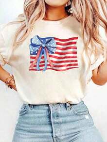 1 Pack Of Printed Short Sleeve Crew Neck T-Shirts For Girls, Casual Summer Clothes For Students And Young People - Unisex Urban Vintage Style, Loose Fit Cotton Crew Neck Short Sleeve T-Shirt - 杏子 2 - 查看 7