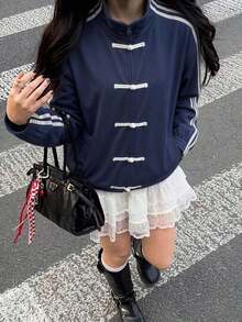 Cárdigan de punto negro de moda para mujer, de manga larga, con detalle de rayas laterales, forro cálido, longitud regular para primavera - Azul - Ver 5