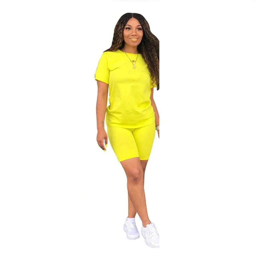 Chándal de Color liso para mujer, Conjunto de camiseta de alta calidad y pantalones cortos, traje de Jogging de lujo informal de verano, 2 piezas - Amarillo - Ver 1