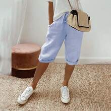 Pantalones cortos a rayas de contraste para mujer, pantalones hasta la rodilla con bolsillos, cintura elástica, cordón, transpirables, sueltos - Azul cielo - Ver 5