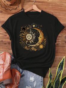 Women's T-Shirt With Moon Phase And Celestial Sun Print - Short Sleeve, Round Neck, Casual Design With Stars And Flowers, Dark Gray And Gold Details, Breathable And Semi-Transparent Fabric For Summer And Spring, Women's Casual Clothing - 黑色 - 查看 1
