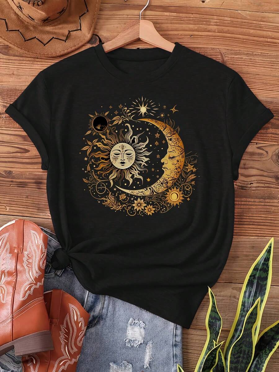 Women's T-Shirt With Moon Phase And Celestial Sun Print - Short Sleeve, Round Neck, Casual Design With Stars And Flowers, Dark Gray And Gold Details, Breathable And Semi-Transparent Fabric For Summer And Spring, Women's Casual Clothing - 黑色 - 查看 1