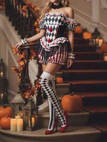 Womens Clown Costume, Off Shoulder Shorts Jumpsuit Sleeves Collar Hat And Stockings 5 Pcs Set, Halloween Costumes - 黑色 - 查看 8