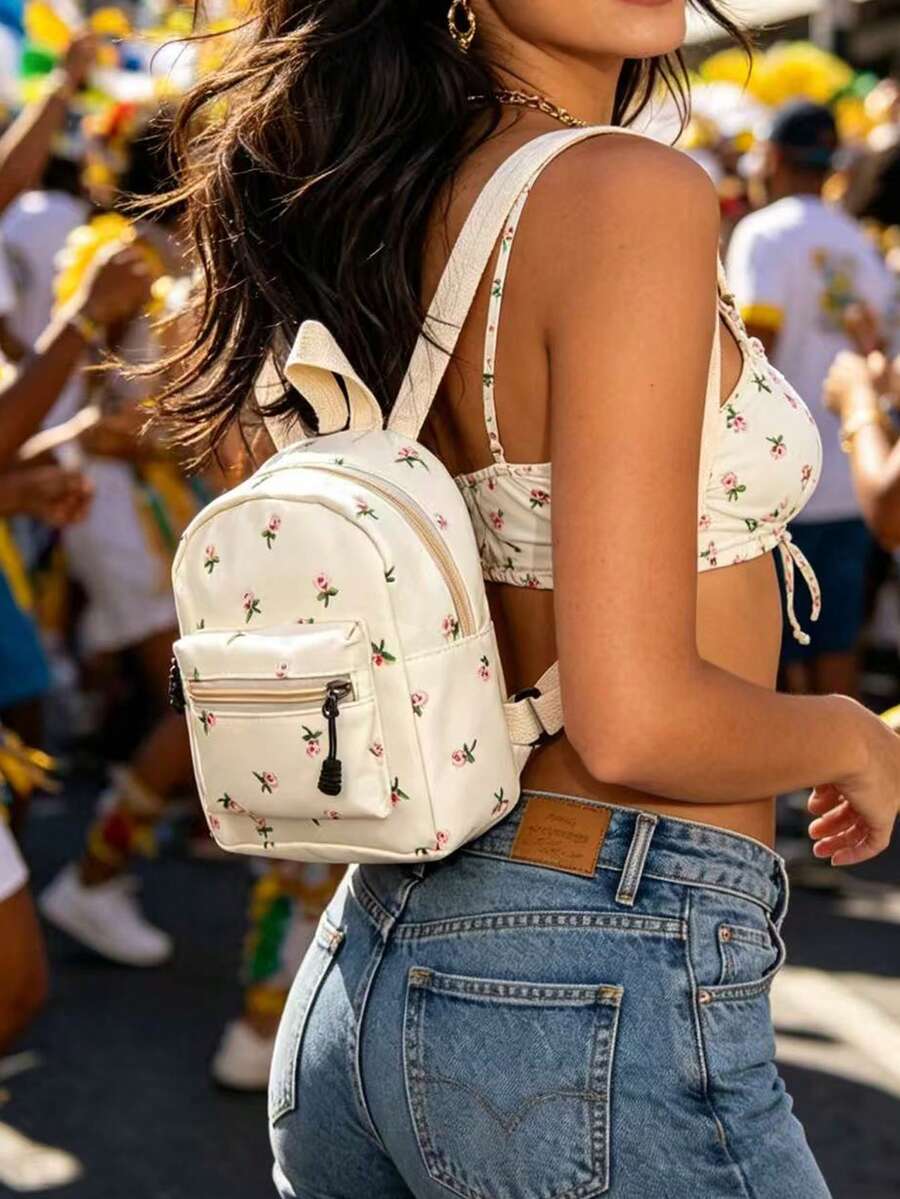 Women's Mini Ditsy Floral Nylon Casual Backpack, Lightweight Daily Backpack, Cute Small Shoulder Bag Suitable For Daily Use And Travel