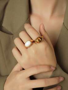 2pcs Stainless Steel Oval Rings With White And Brown Gemstones, Available In Multiple Sizes And Colors, Suitable For Women As Accessory Or Gift, High Quality, Durable, Won't Fade Or Discolor - Yellow Gold - View 3