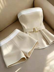 Conjunto de 2 piezas de top bandeau decorado y shorts de moda para mujer - Caqui - Ver 4