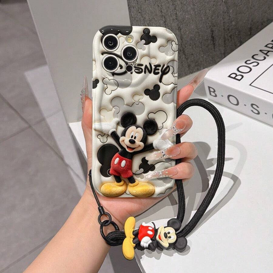 Disney Mickey Mouse Clubhouse Phone Case : 3D Fluffy Pattern Border Protector Phone Soft Phone Case With A Free Cute Mickey Bracelet Chain Lanyard, Mickey, Minnie, Goofy, Donald Duck, Daisy Duck, Pluto, For Apple 17 Promax 17 Pro 16 15 14 13 12 11 Pro Max XS Max X XR Soft Cover Summer Phone Case - 白色 - 查看 1