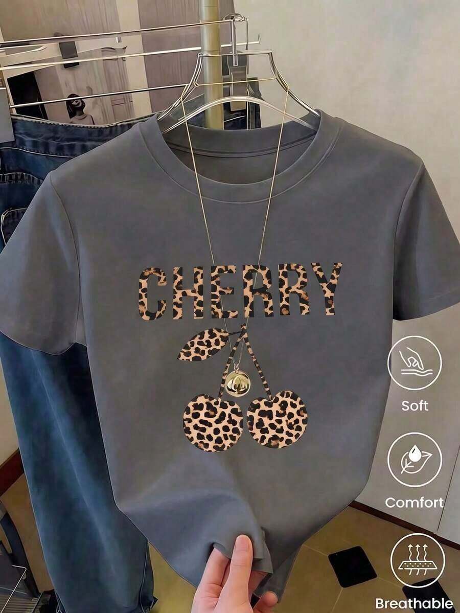 Nueva camiseta de manga corta con cuello redondo para mujeres, estación de verano, diseño de flores de cerezo con estampado de leopardo, camiseta femenina limitada de temporada, transpirable y absorbe la sudor. - Gris Claro - Ver 1