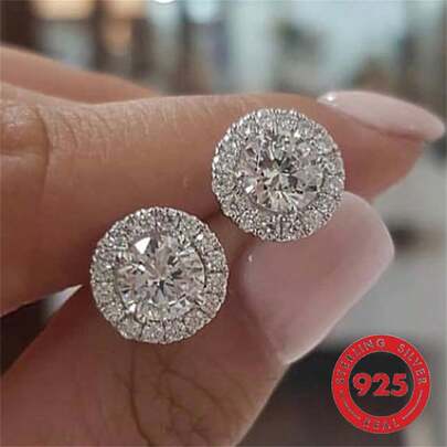 1 Cặp bông tai đinh tán tròn cổ điển thời trang bằng bạc Sterling S925, khảm Cubic Zirconia, trang sức đơn giản và thanh lịch cho nữ