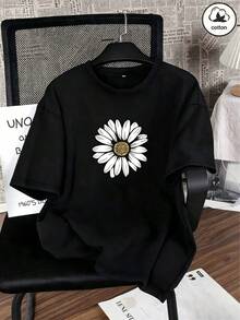 Non-Washable Cotton Short-Sleeve T-Shirt, Eastrus Cotton Summer Women's Fun Printed Hip-Hop Style Top With Unique Daisy Floral Pattern And Streetwear Vibe. Korean-Style Comfortable Retro Daily Y2K Women's Clothing, Suitable For Outdoor And Casual Occasions. Regular-Fit Niche Punk-Style Black Slim-Fit Crew Neck Short-Sleeve Casual T-Shirt - Black - View 1