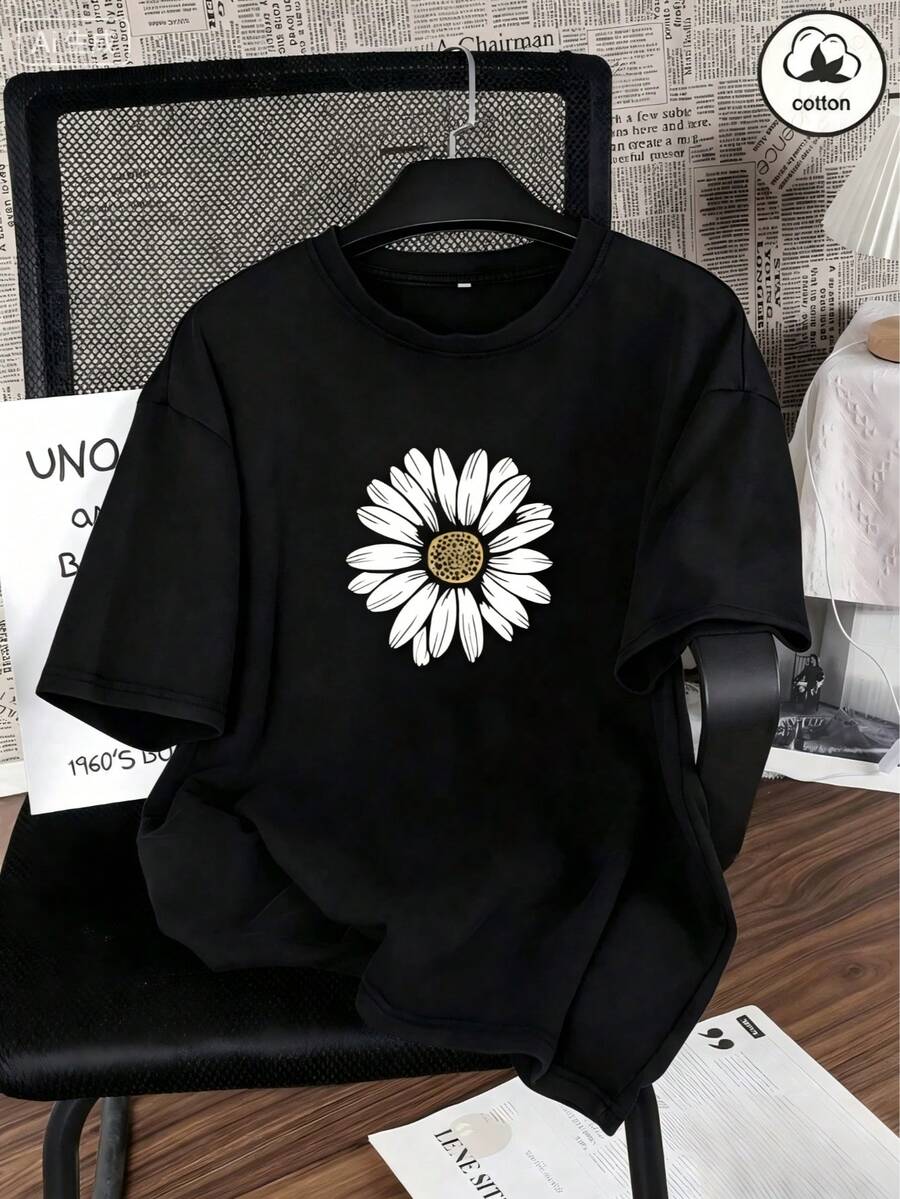 Non-Washable Cotton Short-Sleeve T-Shirt, Eastrus Cotton Summer Women's Fun Printed Hip-Hop Style Top With Unique Daisy Floral Pattern And Streetwear Vibe. Korean-Style Comfortable Retro Daily Y2K Women's Clothing, Suitable For Outdoor And Casual Occasions. Regular-Fit Niche Punk-Style Black Slim-Fit Crew Neck Short-Sleeve Casual T-Shirt - Black - View 1