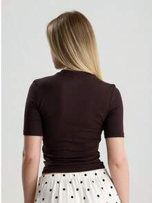 Casual Solid Color Short Sleeve Top, Versatile For Summer - Brown - View 5