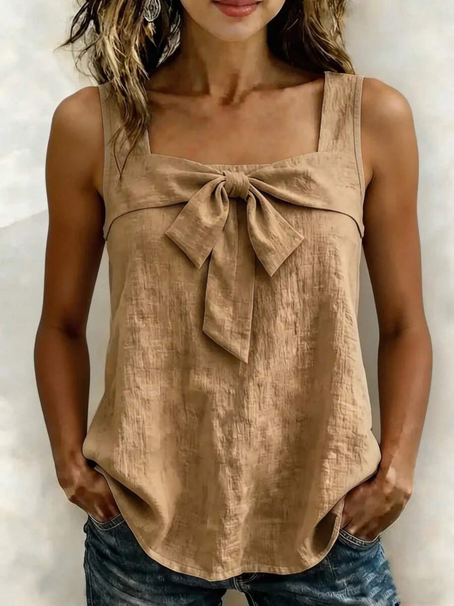 Camiseta sin Mangas para Mujer, Cuello Cuadrado, Color Sólido, Estilo Casual, Nueva Colección 2026 - Caqui - Ver 1