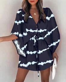 Vestido estampado para mujer, Sexy, con cuello en V, manga murciélago, volantes, estampado de flores, vestido veraniego bohemio para playa, Mini vestidos sueltos para vacaciones de verano - Verde - Ver 2