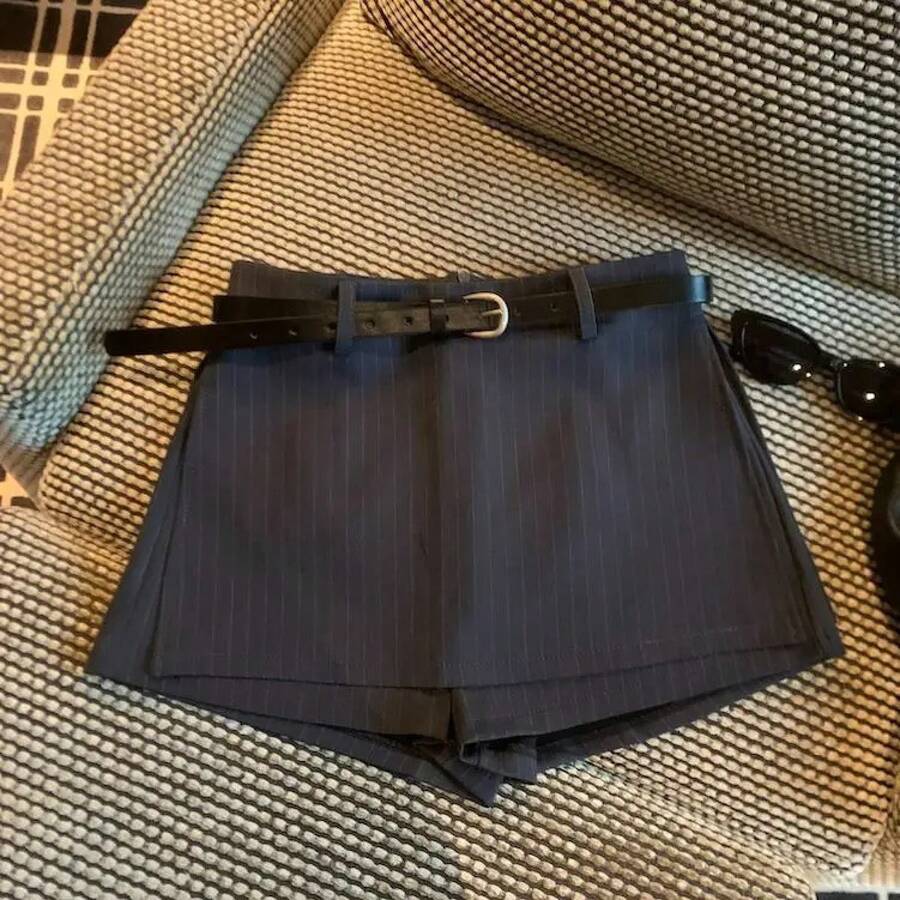 Shorts de Traje a Rayas de Cintura Alta para Mujer, Pantalones Casuales Versátiles y a la Moda para el Trabajo, Falda con Cin... - Gris [versión de alta calidad] - Ver 1