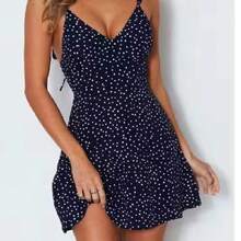 Camisola vestido sin mangas con cuello en V para mujer, minivestido Sexy con tirantes, ajustado, con cordones y lunares, informal, espalda descubierta - Azul marino - Ver 5