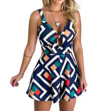 Mono corto con estampado de moda de verano para mujer, peleles holgados de manga corta con cuello en V y nudo de lazo, mono ajustado sin mangas con tiras - Azul geométrico - Ver 5