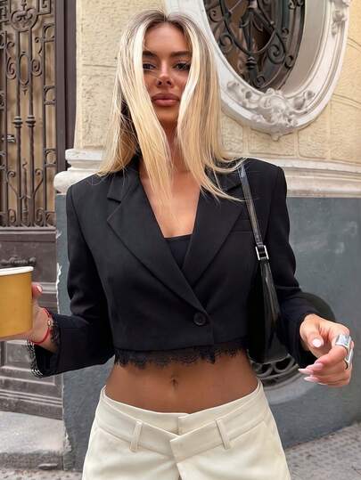 Kadınlar için Yeni Kontrast Renkli Tek Düğmeli Dantelli Vücuda Oturan Seksi Şık Çok Yönlü Blazer Ceket, İlkbahar Siyahı