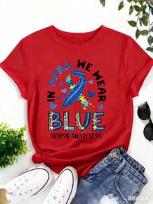Usamos camisetas estampadas en azul para promover la conciencia sobre el autismo, camisetas casuales de manga corta con cuello redondo, ropa de mujer - Camiseta unisex de algodón holgada de manga corta y cuello redondo estilo vintage urbano, blusas para mujer, playeras de mujer, blusas casuales para dama. - Rojo - Ver 2