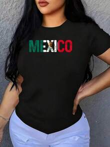 Camiseta de Mujer Talla Grande con Bandera Mexicana Vintage, 1 Pieza, Estilo Oversize, Manga Corta, 100% Poliéster, Camiseta Novedosa con Cuello Redondo, Ropa Casual de Verano - Negro - Ver 1