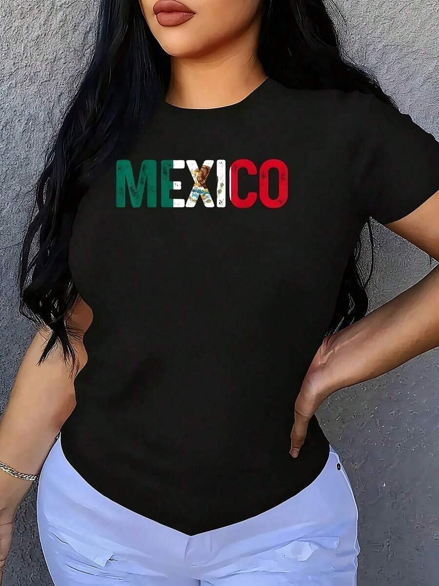 Camiseta de Mujer Talla Grande con Bandera Mexicana Vintage, 1 Pieza, Estilo Oversize, Manga Corta, 100% Poliéster, Camiseta Novedosa con Cuello Redondo, Ropa Casual de Verano - Negro - Ver 1