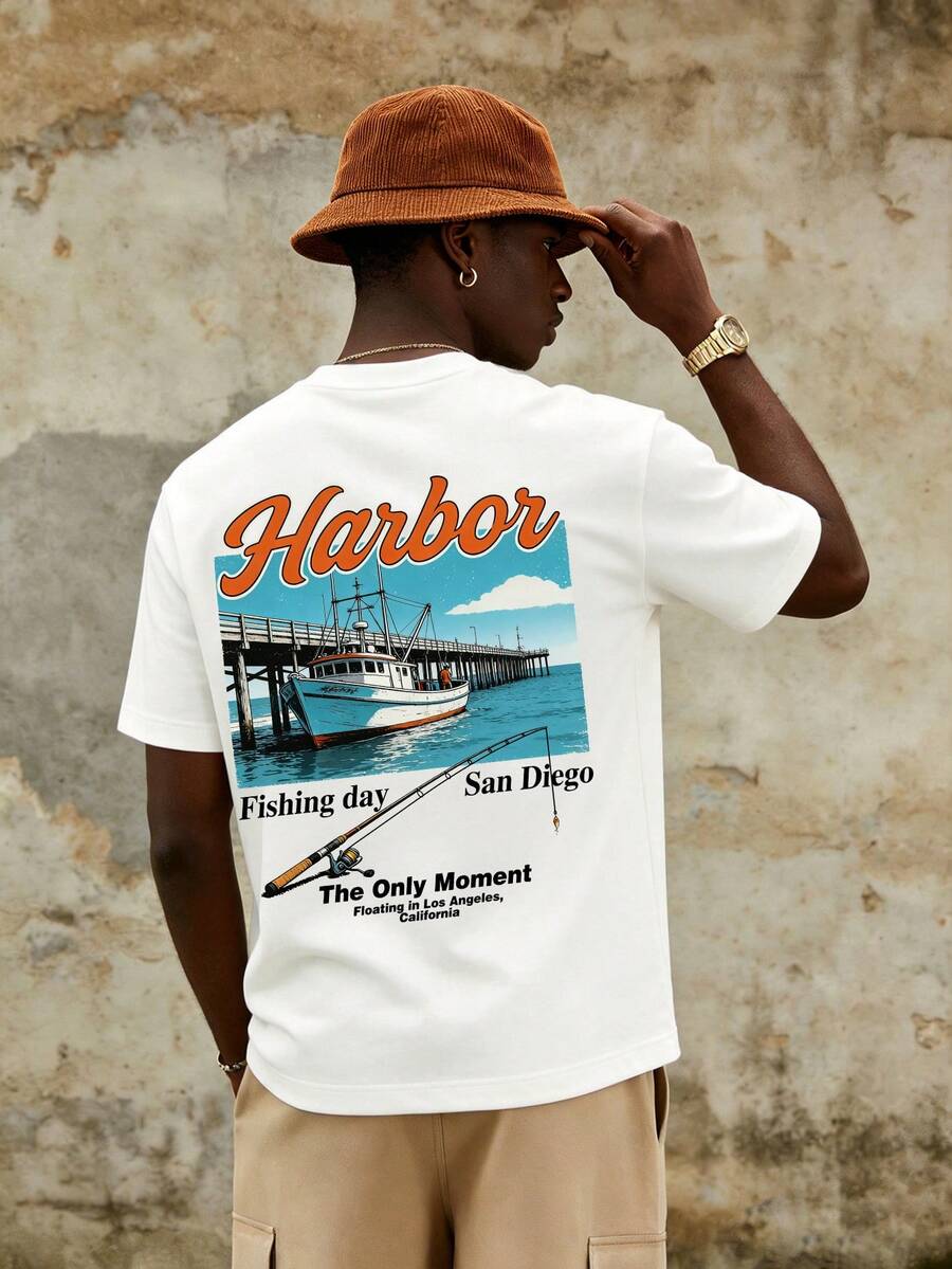 Camiseta de manga corta con cuello redondo y estampado gráfico minimalista de pesca de moda para hombre, verano - Blanco - Ver 1