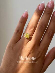 MADEONE 1枚925纯银方形单钻立方氧化锆戒指，女士时尚结婚周年纪念礼物，精致珠宝，日常装饰 - 黃色石 - 查看 3