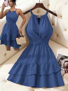 Vestido mini ajustado y acampanado sin mangas con lazo elegante y cuentas para mujer, color caqui, primavera/verano - Azul - Ver 1