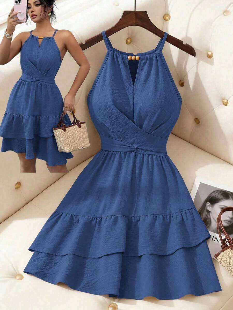 Vestido mini ajustado y acampanado sin mangas con lazo elegante y cuentas para mujer, color caqui, primavera/verano - Azul - Ver 1