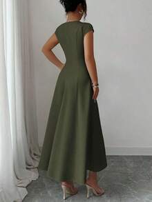 Vestido Midi Verde Oliva para Mujer , Cuello Cuadrado, Cintura Ajustada, Corte en A, Manga Corta, para Verano, Fiesta de Té, Trabajo, Playa, Vacaciones, Festival de Música, Cerveza - Albaricoque 2 - Ver 8