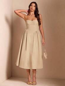 Elegante vestido largo sin mangas con manga abultada para mujer, adecuado para citas diarias, salidas, discotecas, fiestas, temporada de otoño - Caqui - Ver 7