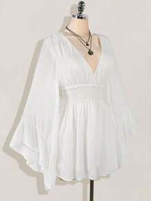 Vestido corto elegante de manga larga con cuello en V y cintura ceñida de unicolor para mujer - Blanco - Ver 7