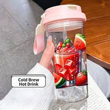 1個/5個 500ml 夏季西瓜&草莓圖案塑膠杯，附吸管、掛繩與防漏蓋，透明冰咖啡杯，清新西瓜草莓果昔圖案，適合日常使用，女士與水果愛好者的理想夏季禮物 - 多色-西瓜飲品 - 查看 12