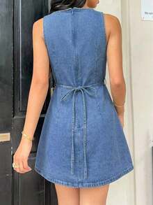 Vestido vaquero sin mangas casual de verano para mujer - Azul lavado oscuro - Ver 9