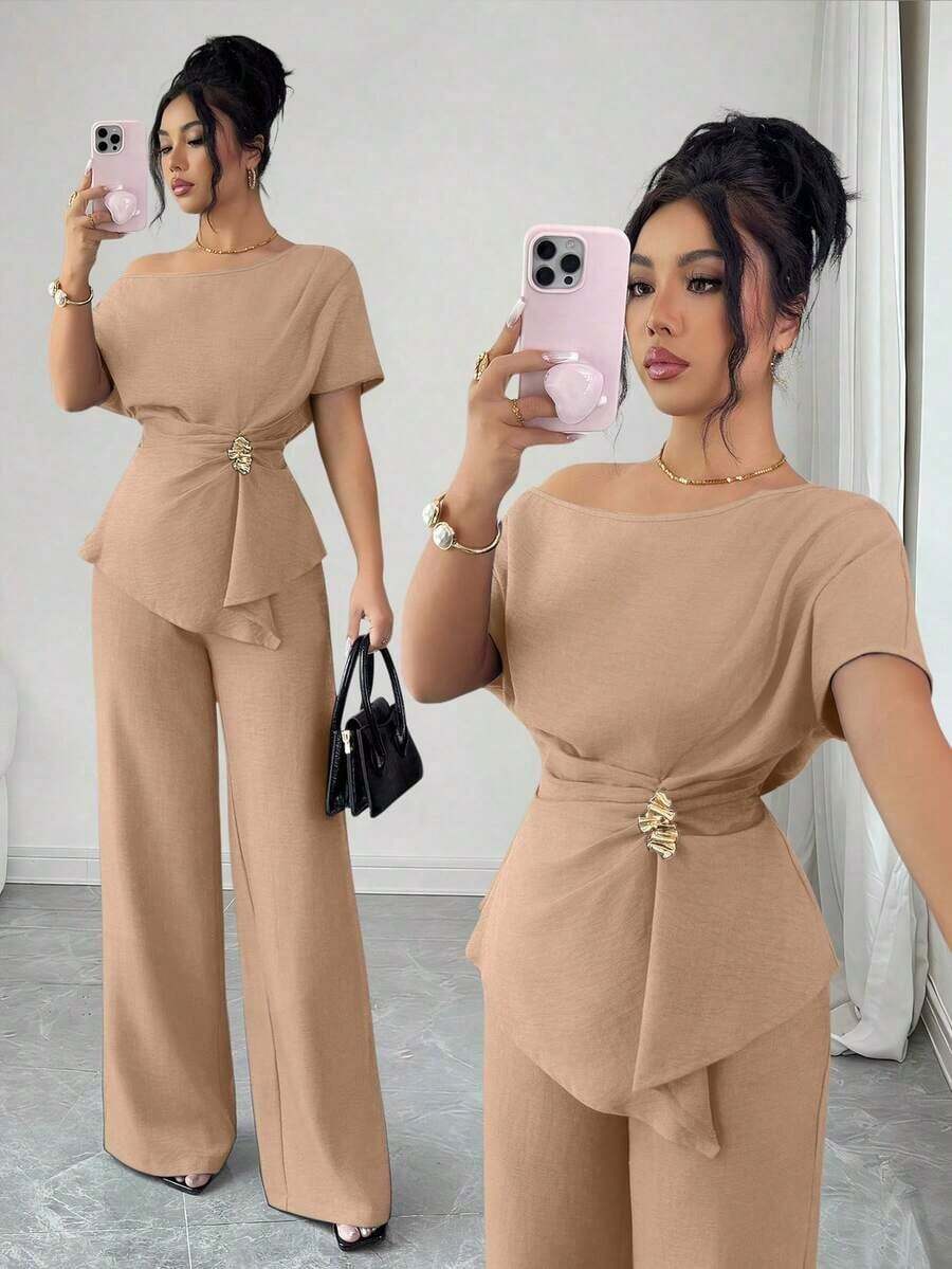 Elenzya Elegante conjunto de dos piezas de moda urbana para mujer, ideal para primavera/verano, con pantalones anchos de cintura alta con hebilla metálica asimétrica de un hombro en color azul marino, adecuado para uso diario, bodas, galas, ir al trabajo, fiestas de graduación, vacaciones, citas, fiestas, Halloween, Navidad, Año Nuevo, Acción de Gracias, bodas - Albaricoque - Ver 1