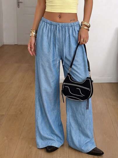 Pantalones casuales ligeros y transpirables para mujer, con cintura elástica y cordón, sueltos y fluidos de pierna ancha, estilo bohemio, para verano