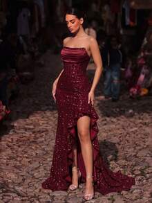 CHOSMO Elegant Romantic Sexy Heavy Embellished Sequin Patchwork Ruffle Hem Strapless Evening Dress Wedding Party Fall - Burgundy - View 6