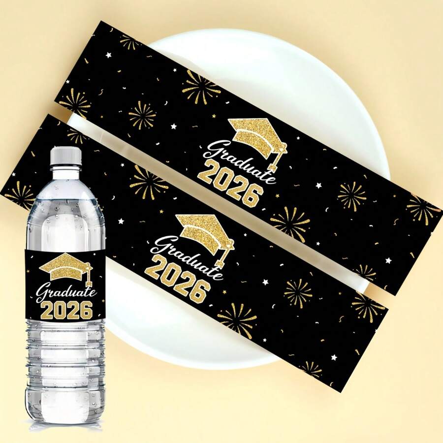 10/20pcs 2026 Graduation Water Bottle Stickers,Bachelor's Hat And Fireworks Design,Suitable For Graduation Party, Class Of 2026 Party , Party Favors ,Graduation Party Decorations - View 1