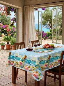 1pc-Summer Beach Nautical Tablecloth, Ocean Wave Message Bottle Print Table Cover, Polyester Coastal Table Cloth For 4th Of July, BBQ, Picnic, Pool Party, Labor Day, Indoor Outdoor Kitchen Dining Patio Home Holiday Decoration - Multicolor - View 6